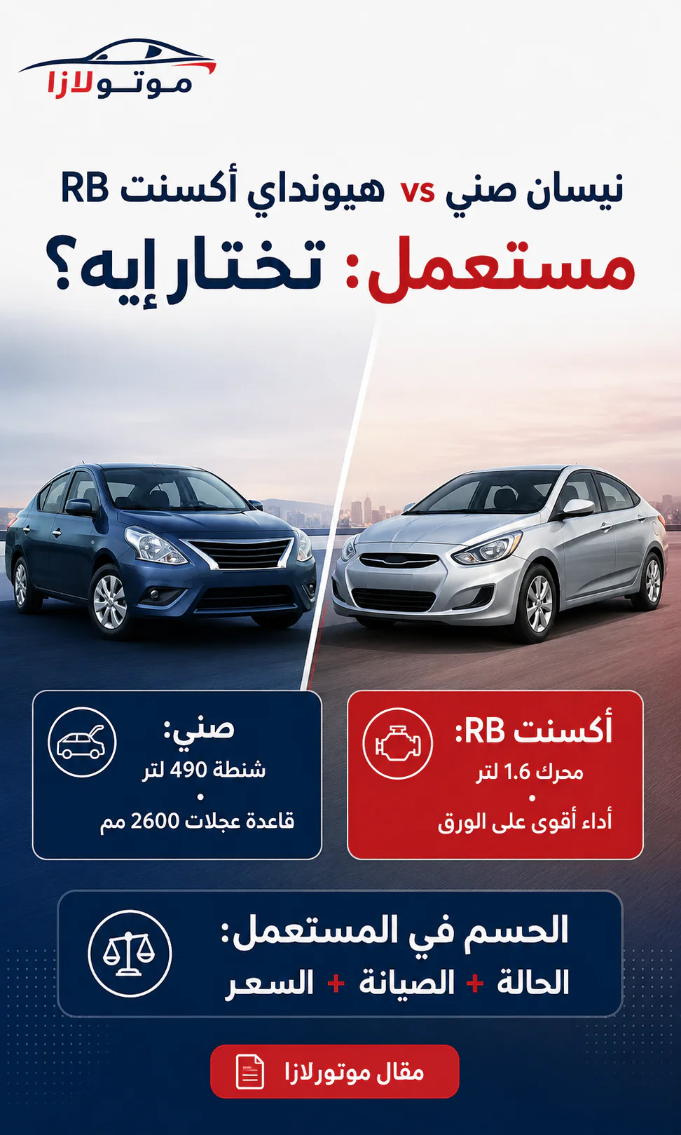 نيسان صني vs هيونداي أكسنت RB مستعمل: أيهما أكثر اعتمادية وأقل تكلفة وأسرع في البيع؟
