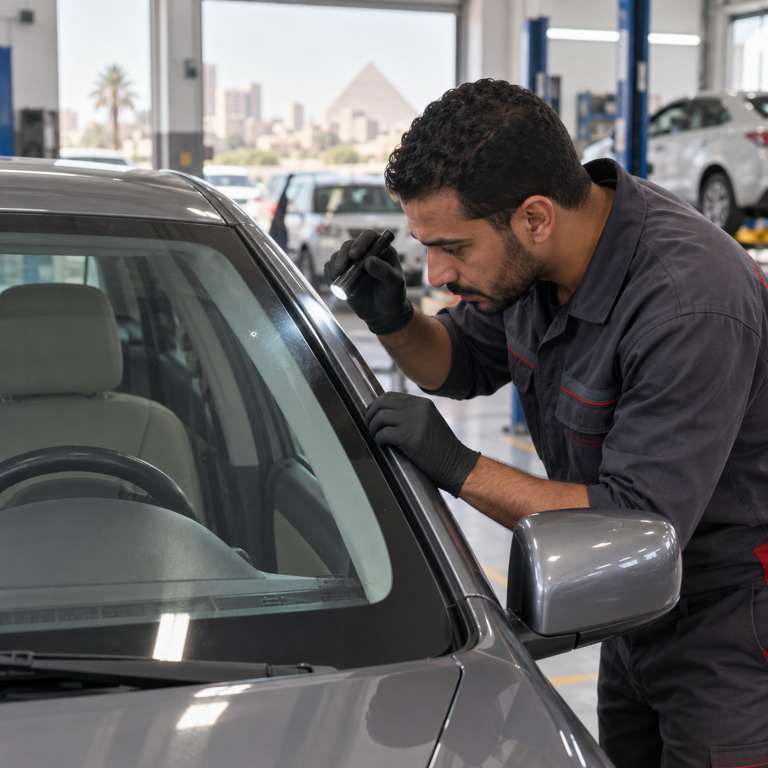 فني يفحص الزجاج الأمامي لسيارة مستعملة بحثًا عن الشروخ وآثار التركيب